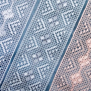 May include: Three strips of white and pink crocheted lace with a diamond pattern. The lace is laid out on a blue background.