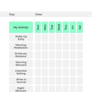 Może przedstawiać: Biały tracker nawyk&oacute;w z tytułem "My Habit Tracker". Zawiera sekcje dla codziennych czynności i dni tygodnia. Wymienione czynności obejmują "Wake Up Early", "Morning Meditation" i "10 Minute Workout".