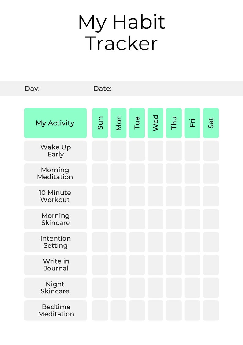 Może przedstawiać: Biały tracker nawyk&oacute;w z tytułem "My Habit Tracker". Zawiera sekcje dla codziennych czynności i dni tygodnia. Wymienione czynności obejmują "Wake Up Early", "Morning Meditation" i "10 Minute Workout".