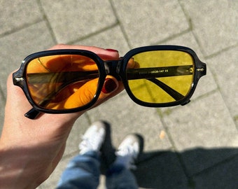 Lunettes de soleil carrées d’inspiration rétro | Lunettes classiques pour hommes et femmes | Lunettes jaunes | Festivals, fêtes, raves