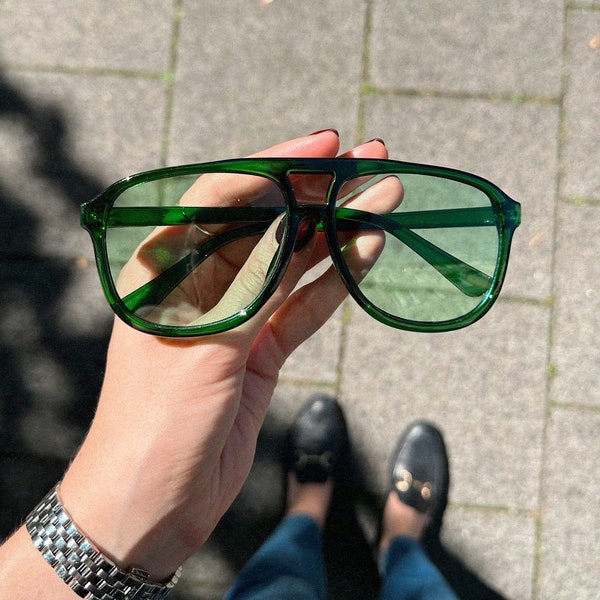 Retro Piloten Sonnenbrille | Brille mit Bunten Gäsern | Trend Brille für Männer & Frauen | Grüne Gläser