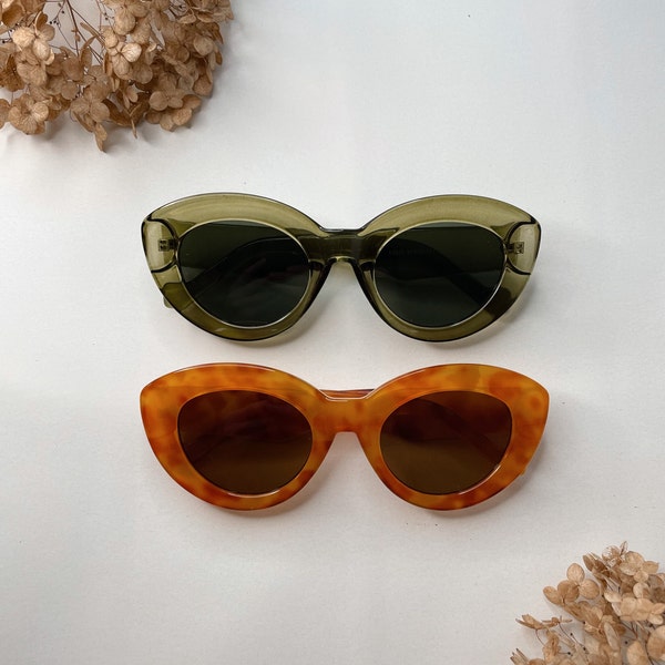 Oversized Cat-Eye Sonnenbrille | Retro Vintage Sonnenbrille | Klassische Brille für Männer & Frauen | Bernstein und Olive
