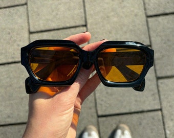 Oversized Eckige Sonnenbrille | 70er Retro Vintage Touch | Klassische Brille für Männer & Frauen | Orange Gläser