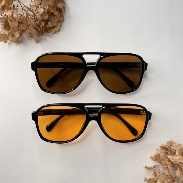 Lunettes de soleil pilotes rétro | Lunettes de soleil avec verres colorés | Lunettes tendance pour hommes et femmes | Verres jaunes et marrons