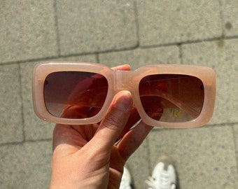 Rechteckige Oversized Retro Inspirierte Sonnenbrille | Klassische Unisex Sonnenbrille | Festivals, Partys, Beach | Beiger Rahmen