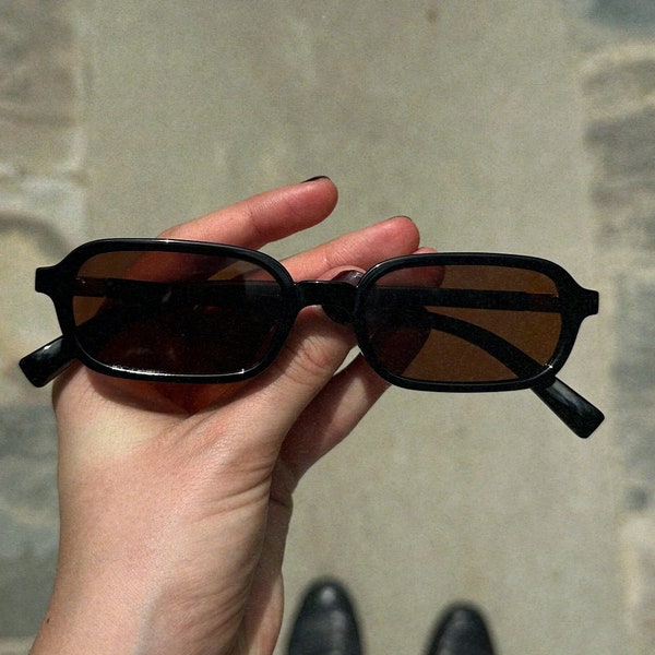 Lunettes de soleil rétro minces | lunettes de soleil rectangulaires d’inspiration vintage | Lunettes classiques pour hommes et femmes | Lunettes marron