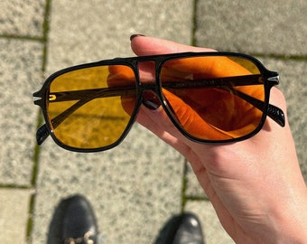 Gafas de sol de piloto retro | Gafas con lentes de colores y montura delgada | Gafas de tendencia para hombre y mujer | Lentes naranja y azul.