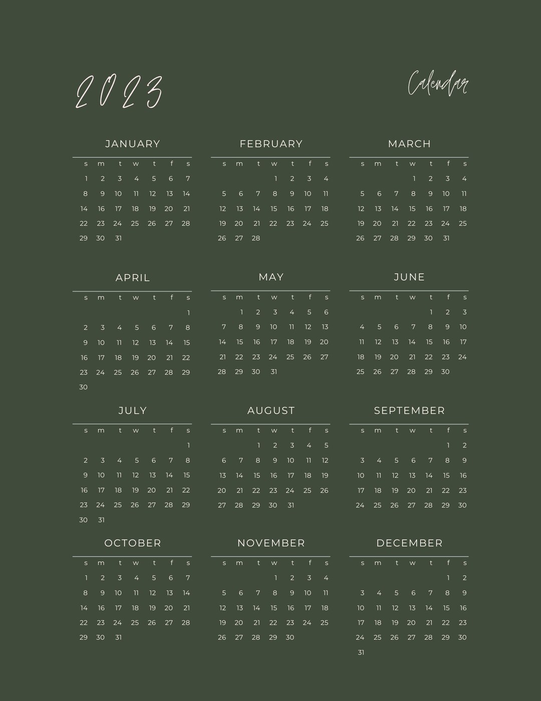 Printable Elegant Year Calendar - Etsy