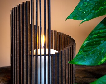 Bougeoir asymétrique en bois découpé au laser | Photophore géométrique bohème