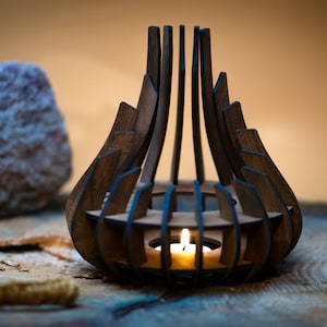 Sacred Flare - Handmade Wooden Tea Light Candle Holder, Geometric Hippy Decor