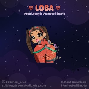May include: Animated emote for the Apex Legends character Loba. The emote features a chibi-style illustration of Loba in her signature red and green outfit, with her back to the viewer and her arms raised. The background is a dark blue with white stars.