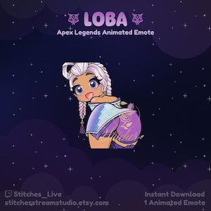 Puede incluir: Emoticono animado para el personaje Loba de Apex Legends. El emoticono presenta a Loba en estilo chibi con ropa morada y blanca, sobre un fondo morado oscuro con estrellas blancas.