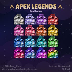 May include: A set of 16 digital badges featuring a stylized character in various colors, including silver, purple, pink, red, orange, yellow, blue, green, and gold. The badges are labeled "Apex Legends Sub Badges" and are available for instant download.