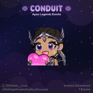 May include: A purple and pink animated emote for Apex Legends featuring a cartoon character holding a pink heart. The emote is titled "CONDUIT" and is available for instant download.