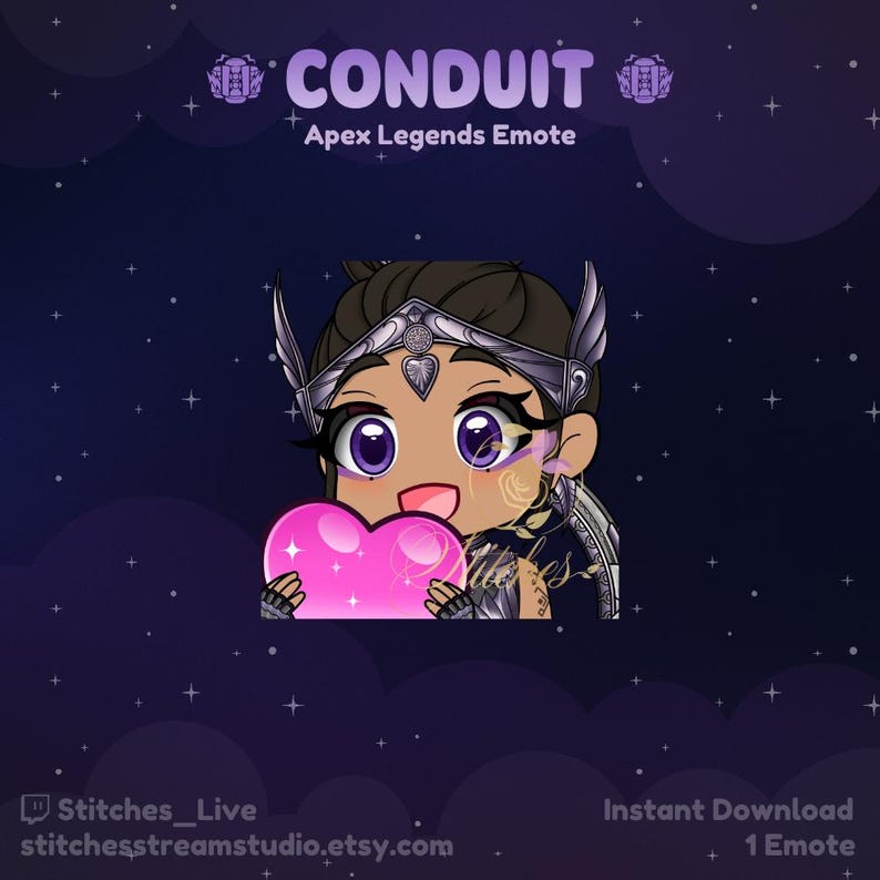 May include: A purple and pink animated emote for Apex Legends featuring a cartoon character holding a pink heart. The emote is titled "CONDUIT" and is available for instant download.