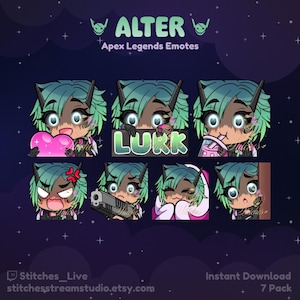 Peut inclure: Un ensemble de sept émoticônes animées pour Apex Legends mettant en scène un personnage aux cheveux verts avec différentes expressions. Les émoticônes incluent un cœur, une arme à feu, un visage surpris, un visage triste, un visage heureux, un visage confus et un visage avec une boisson rose. Le texte "ALTER" et "LURK" est également inclus dans l'image.