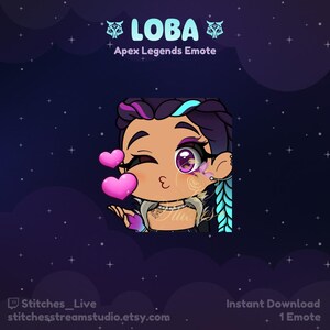 May include: A digital illustration of a cartoon character with purple hair and blue eyes. The character is winking and blowing a kiss. The background is a dark blue with white stars. The text "LOBA Apex Legends Emote" is at the top of the image.
