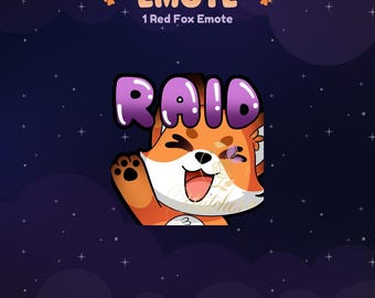 Emote Twitch "Raid" di Cute Red Fox / Streamer, Risorse per lo streaming, Giochi, Emoji, Chibi, Discord, YouTube, Kick, Adesivo, Emote animali