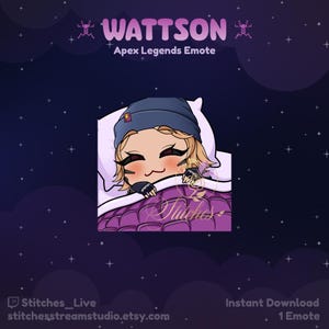 May include: Digital illustration of a Wattson Apex Legends emote. The character is depicted in a beanie and is tucked into bed under a purple blanket. The background is a dark blue with white stars. Text includes "Wattson Apex Legends Emote".