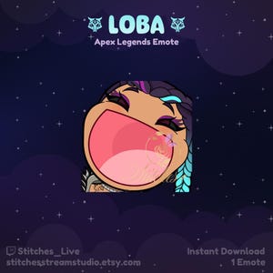 Puede incluir: Una ilustración digital de un personaje de dibujos animados con cabello morado y una gran boca abierta, riendo. El personaje es del videojuego Apex Legends. El texto "LOBA" y "Apex Legends Emote" se muestra sobre el personaje. El fondo es azul oscuro con estrellas blancas.