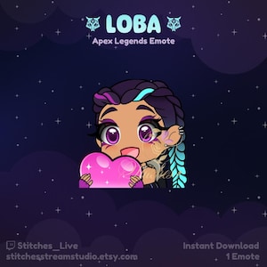 Puede incluir: Una ilustración de dibujos animados de Loba de Apex Legends sosteniendo un corazón rosa. El fondo es azul oscuro con estrellas blancas. El texto "LOBA" y "Apex Legends Emote" está en la parte superior de la imagen.