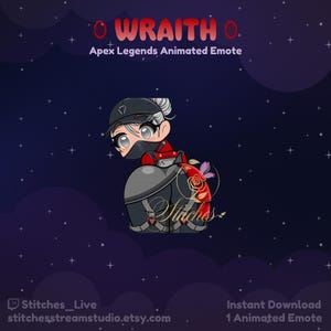 May include: Animated emote for the Apex Legends character Wraith. The emote features a chibi-style illustration of Wraith in a red and black outfit, with a black mask and a white and red backpack. The background is a dark blue with white stars.