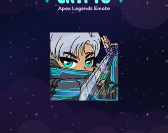 May include: A digital illustration of Crypto from Apex Legends, a video game. Crypto is a cyborg with white hair, green eyes, and a blue and green cybernetic suit. He is holding a sword in his right hand. The background is a dark blue with stars.