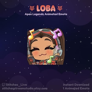 May include: Animated emote for the video game Apex Legends featuring Loba, a character with brown skin and long brown hair, wearing a red and black outfit and headphones, with musical notes around her head. The text "LOBA" is at the top of the image, and "Apex Legends Animated Emote" is below it.