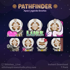 May include: A set of seven digital emotes featuring Pathfinder from Apex Legends. The emotes are in a cartoon style and show Pathfinder in different poses, including holding a heart, a gun, and a boba tea. The emotes are designed for use on Twitch and other streaming platforms.
