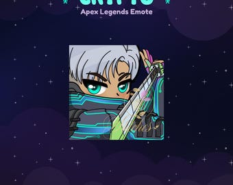 May include: A digital illustration of Crypto from Apex Legends, a video game. Crypto is a cyborg with white hair, green eyes, and a blue and green cybernetic suit. He is holding a sword in his right hand. The image is set against a dark blue background with white stars.