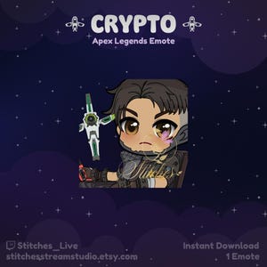 May include: Digital illustration of a Crypto Apex Legends Emote. The image shows a cartoon character with brown hair and eyes, holding a futuristic weapon. The word "CRYPTO" is at the top, with "Apex Legends Emote" below it. The background is a dark blue with white stars.