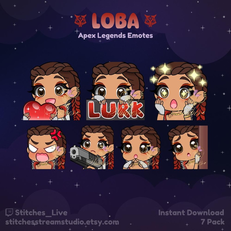 May include: A set of seven animated emojis featuring a cartoon character with brown hair and brown eyes. The character is in different poses and expressions, including holding a heart, holding a gun, and looking surprised. The emojis are designed for use on Twitch and other streaming platforms.