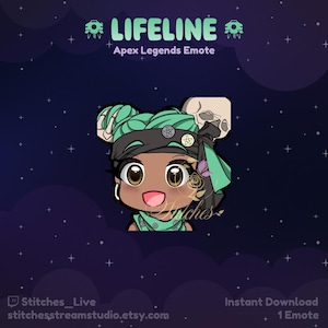 May include: A digital illustration of Lifeline, a character from the video game Apex Legends, in a chibi style. She is wearing her signature green and black outfit and has a cheerful expression on her face. The image is set against a dark blue background with white stars.