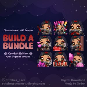 Op de afbeelding: Een set van 40 digitale emotes met een cartoonfiguur met een zwart masker en wit haar. De emotes zijn in een rasterformaat en bevatten verschillende uitdrukkingen, zoals "hype" en "lurk".
