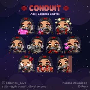 Puede incluir: Un conjunto de 10 emoticonos digitales de Apex Legends que presentan a un personaje con una capa negra con capucha, ojos rojos y una máscara blanca. Los emoticonos incluyen expresiones como ojos de corazón, enfado y un personaje que sostiene un arma. El texto "CONDUIT" y "LURK" también se incluyen en la imagen.