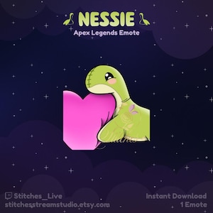 Puede incluir: Un monstruo verde de dibujos animados Nessie sosteniendo un corazón rosa. El texto "Nessie" y "Apex Legends Emote" está por encima del monstruo. El texto "Stitches_Live" y "stitchesstreamstudio.etsy.com" está debajo del monstruo. El texto "Descarga instantánea 1 Emote" está en el lado derecho de la imagen.