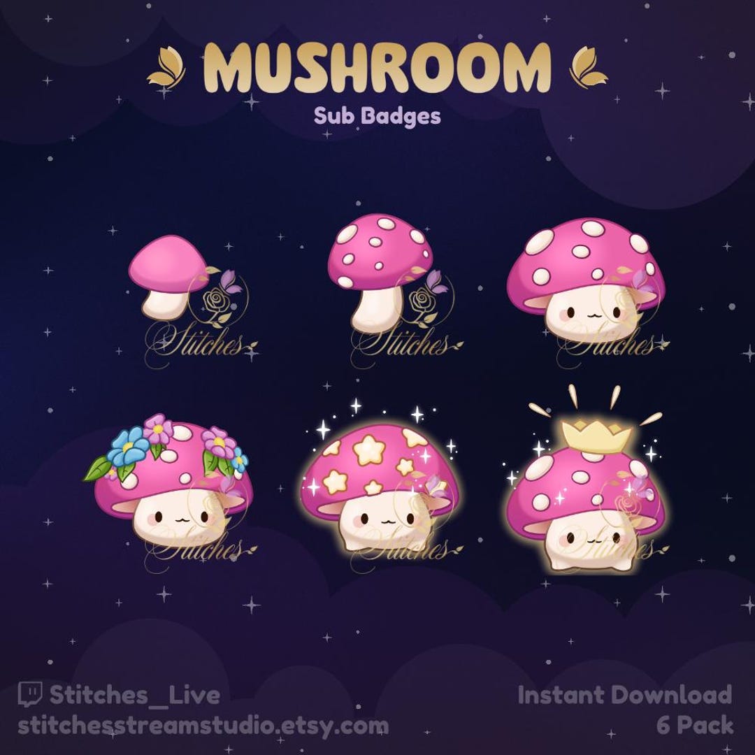Pink Mushroom Sub Badges for Twitch | Cute Cozy Streamer Assets, Pastel ...