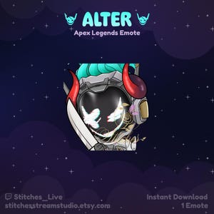 Könnte beinhalten: Digitales Apex Legends Emote mit einem Charakter mit futuristischem Helm, roten Hörnern und türkisfarbenem Haar. Das Emote hat ein Schmetterlingsdesign auf dem Gesicht und das Wort "ALTER" oben. Der Hintergrund ist dunkelblau mit weißen Sternen.