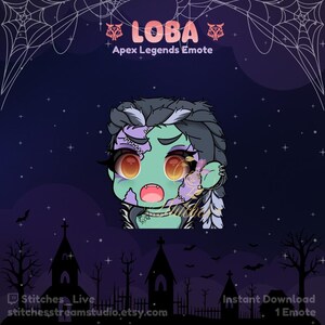 Könnte beinhalten: Eine digitale Illustration eines Zombie-Emotes für das Videospiel Apex Legends. Das Emote zeigt Loba, eine Figur aus dem Spiel, mit grüner Haut, zusammengenähten Wunden und leuchtend orangefarbenen Augen. Der Hintergrund ist dunkelviolett mit Sternen und einem Friedhof.