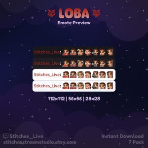 May include: A set of seven digital character emotes featuring a female character with brown hair and red accents. The emotes are in different poses and expressions, including a heart, a wink, and a gun. The emotes are available in three sizes: 112x112, 56x56, and 28x28 pixels. The text "Stitches_Live" and "LOBA Emote Preview" are also visible.