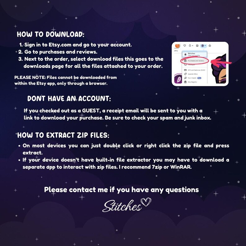 May include: A purple and blue graphic with white text explaining how to download and extract digital files from Etsy. The text includes the phrase "Stitches" with a heart symbol.