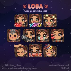 Könnte beinhalten: Ein Set mit 10 digitalen Emojis, die eine Comicfigur namens Loba aus dem Videospiel Apex Legends zeigen. Die Emojis zeigen Loba mit verschiedenen Gesichtsausdrücken und halten verschiedene Gegenstände, darunter ein Herz, eine Waffe und ein Schild, auf dem "RAID" steht.