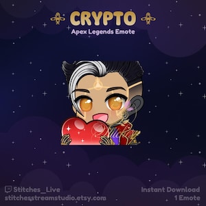 Puede incluir: Una ilustración digital de Crypto de Apex Legends sosteniendo un corazón rojo. El fondo es azul oscuro con estrellas blancas. El texto "CRYPTO" y "Apex Legends Emote" está en la parte superior de la imagen.