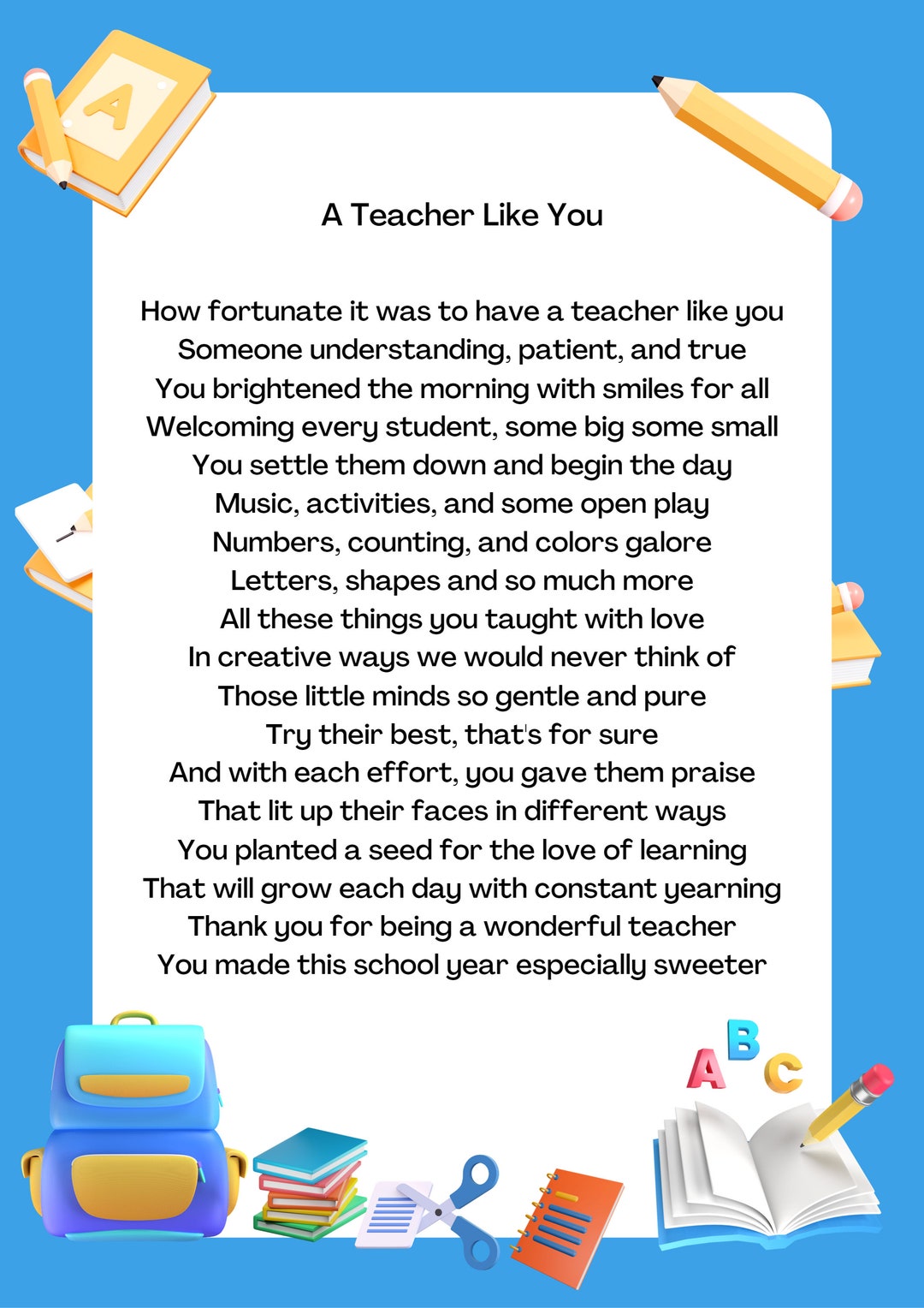 Gift for Teacher, Poems, Educator, Preschool, Kindergarten - Etsy
