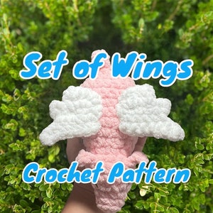 Puede incluir: Un patrón de crochet para un conjunto de alas. Las alas son blancas y el cuerpo es rosa. El texto "Set of Wings Crochet Pattern" está escrito en letras azules sobre un fondo verde.