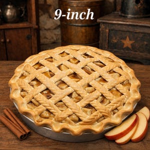 May include: A 9-inch apple pie in a metal pan with a golden brown lattice crust featuring a braided pattern. The pie is filled with sliced apples in a light brown glaze. Three cinnamon sticks and two apple slices are placed next to the pie.