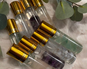 Crystal infused essential oil roller bottles