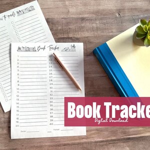 May include: Two printable book tracker sheets with a woodgrain background. The sheets have a list of numbers 1-40 with lines for writing book titles. The top of the sheet has a graphic of stacked books. The text "Book Tracker" is in red at the bottom of the image.
