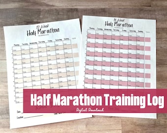May include: Two printable half marathon training logs, one for a 12-week program and one for a 16-week program. Each log has a grid with days of the week and space to record mileage and time. The logs are labeled "Half Marathon Training Log" and "Digital Download".