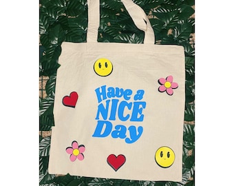 Cute Retro Have A Nice Day Cream Canvas Reusable Tote Bag, Happy Face, Heart, Flower, Shopping Bag, Floral Bag, Aesthetic Shoulder Bag